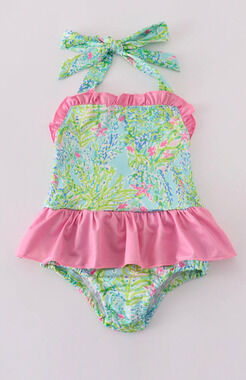NWT Abby & Evie 1 piece girls swim Sz 8 Lilly Pulitzer inspired halter skirted